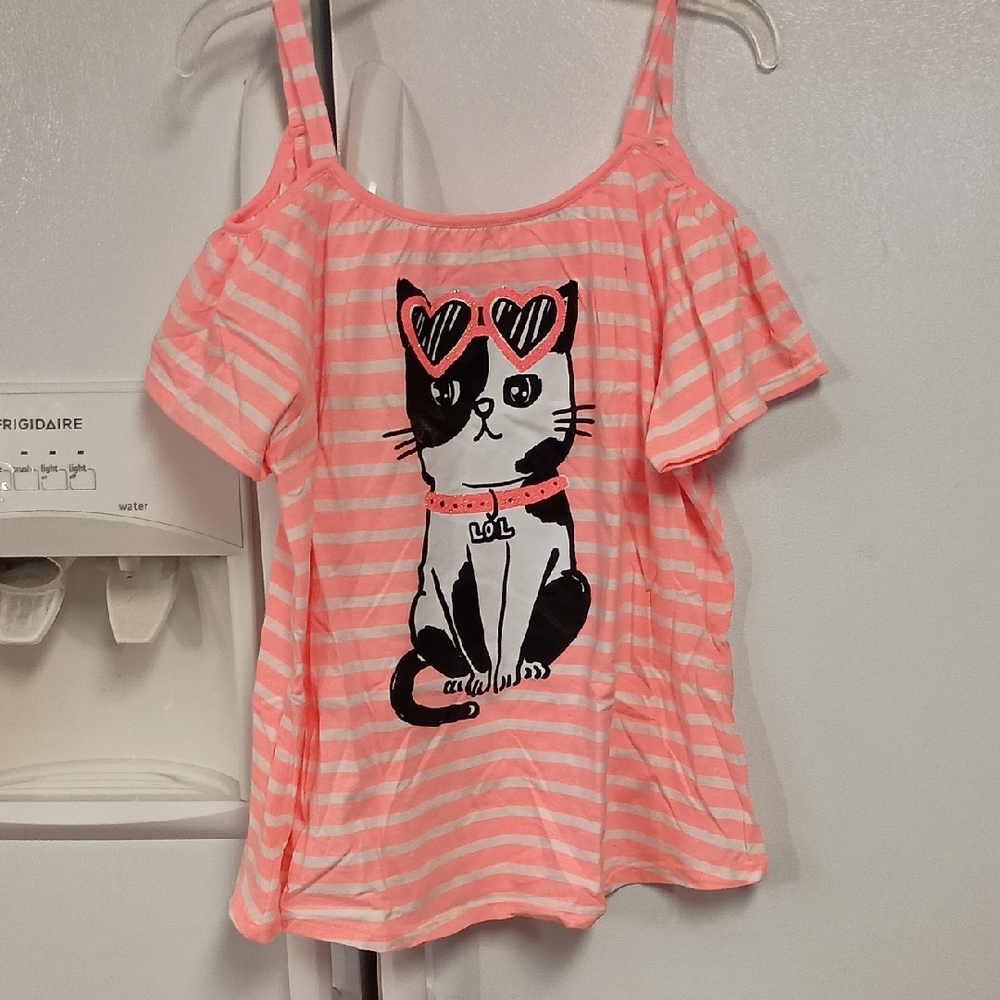 Justice Pink & White Striped  Cold Shoulder Cat Print Top,EUC  Girls Plus Sz 20